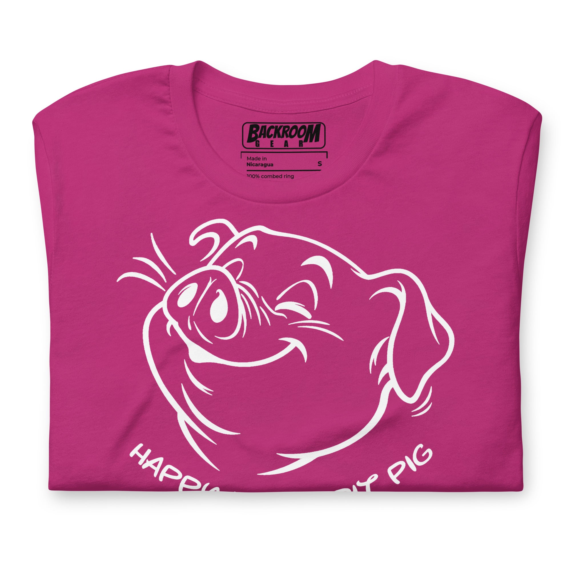 Folded Happy Little Pit Pig berry t-shirt front view with pit pig graphic - Backroom Gear