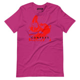 Berry pink t-shirt with a Sneaker Pup graphic design and 'CONFESS' text on a white background