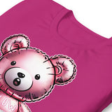 Gay bear tee Blow Me bear design close-up detail in Berry