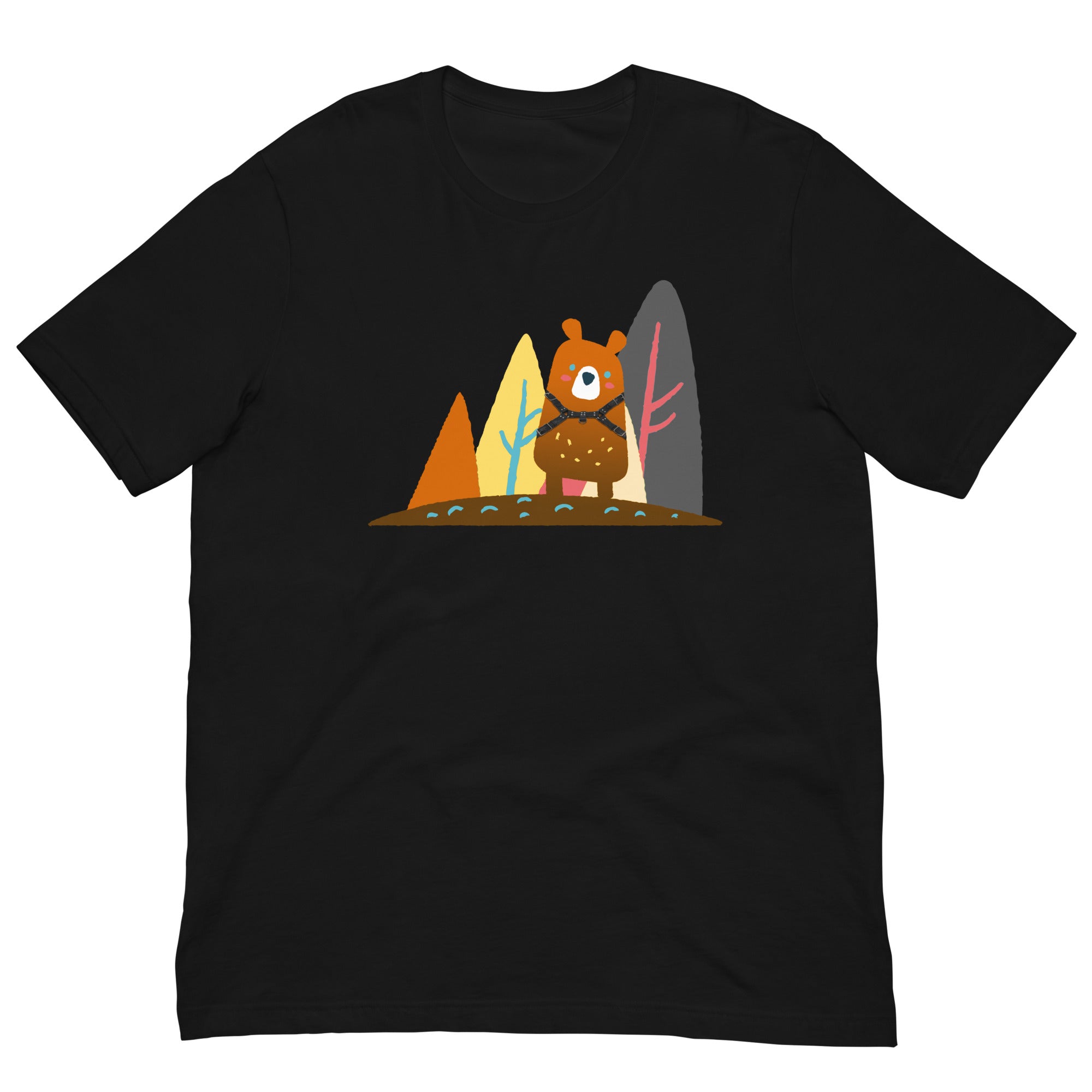 Bear-in-the-woods-Black-T-Shirt-Flat Backroom-Gear - Wild Leather Bear Pride T-Shirt – Gay Bear Flag Tee – LGBTQ+ pride t-shirts US UK – Gay pride shirts collection – Made-to-order gay apparel