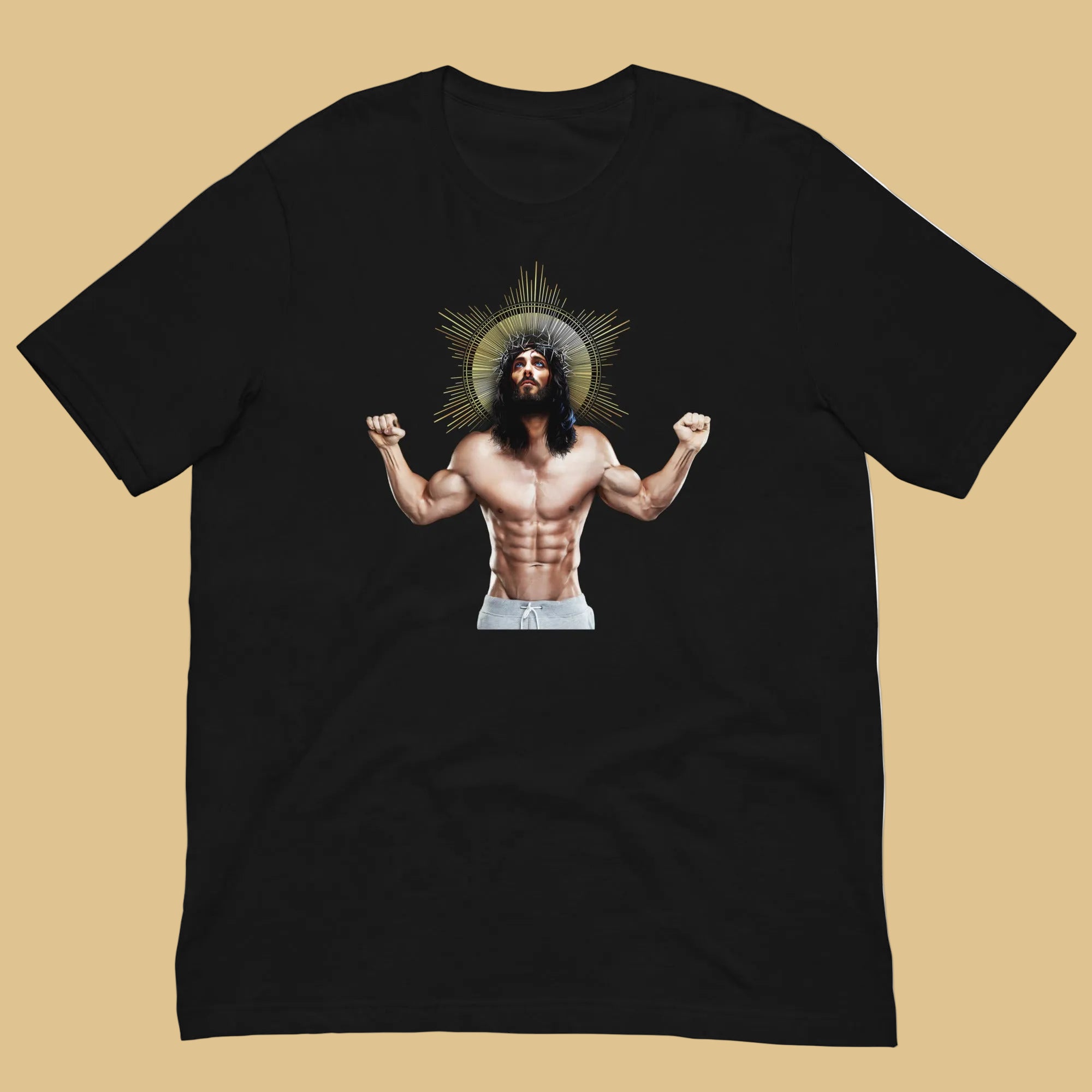 Black shirt featuring a graphic of a black Jesus with a muscled body and six pack looking up to heaven. - Black Ripped Saviour gay religious t-shirt - LGBTQ+ pride apparel by BackRoomGear