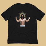 Black shirt featuring a graphic of a black Jesus with a muscled body and six pack looking up to heaven. - Black Ripped Saviour gay religious t-shirt - LGBTQ+ pride apparel by BackRoomGear