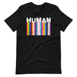 We Are Human Black T-Shirt Flat - BackRoom Gear - Human Rainbow Heart Pride T-Shirt – LGBTQ+ Love Unity Tee – Inclusive rainbow pride shirt – LGBTQ+ pride t-shirts US UK – Made-to-order LGBTQ clothing