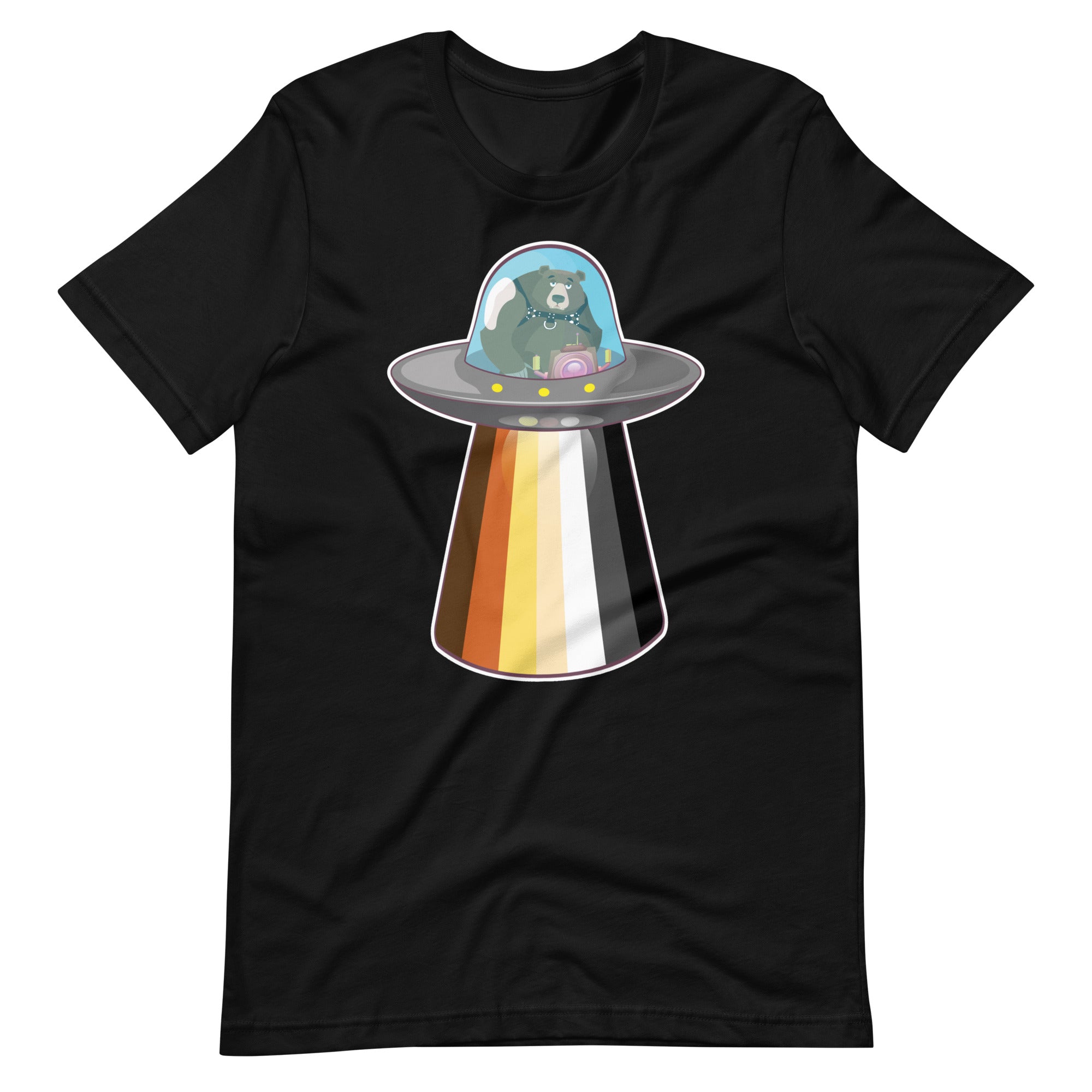 Gay bear t-shirt UFO abduction bear design in black flat lay - UFO Bear T-Shirt – Gay Leather Pride Tee for Bears – LGBTQ+ pride t-shirts US UK – Gay pride shirts collection – Made-to-order gay apparel