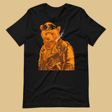 Black T-shirt with a vintage-style graphic of a leather-clad bear - Vintage Leather Bear Pride T-Shirt – Retro Gay Bear Flag Tee – LGBTQ+ pride t-shirts US UK – Gay pride shirts collection – Made-to-order gay apparel