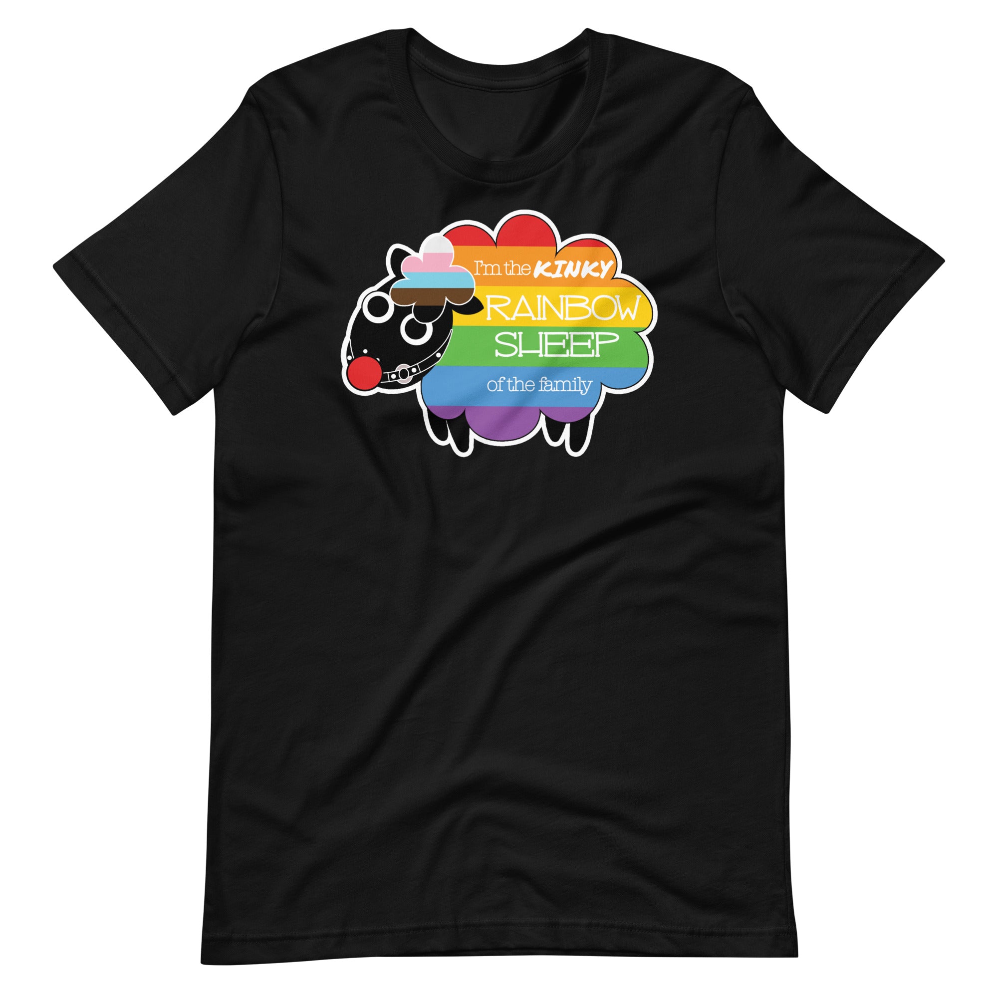 Black Kinky Rainbow Sheep T-Shirt – LGBTQ+ Kink Pride Tee – Gay pride shirts collection – LGBTQ+ pride t-shirts US UK – Made-to-order gay apparel