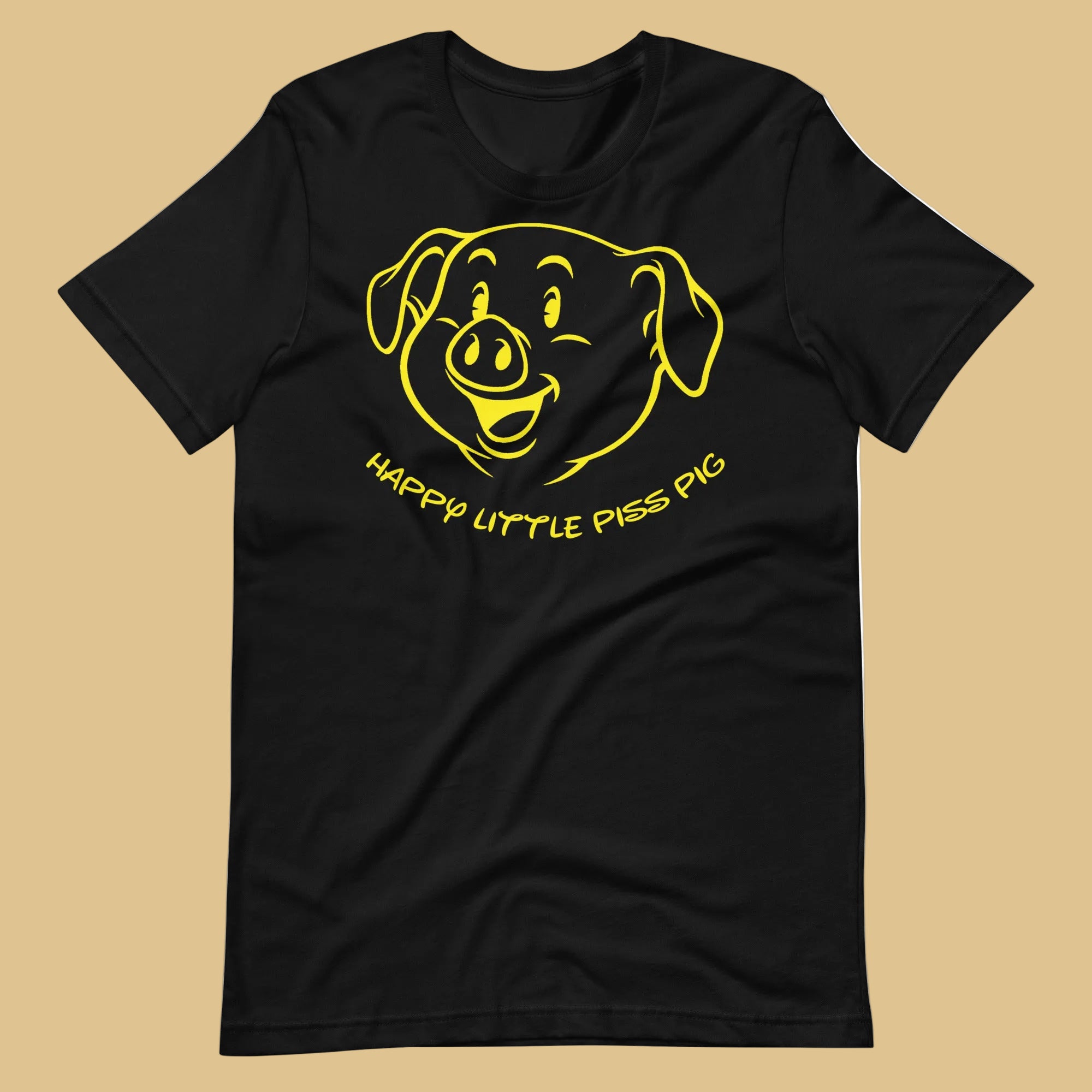 Black t-shirt with yellow graphic of a piss pig and text on a beige background - Black Happy Little Piss Pig t-shirt - watersports kink pride LGBTQ+ tee by BackRoom Gear