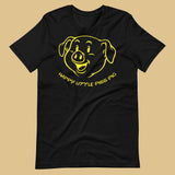 Black t-shirt with yellow graphic of a piss pig and text on a beige background - Black Happy Little Piss Pig t-shirt - watersports kink pride LGBTQ+ tee by BackRoom Gear