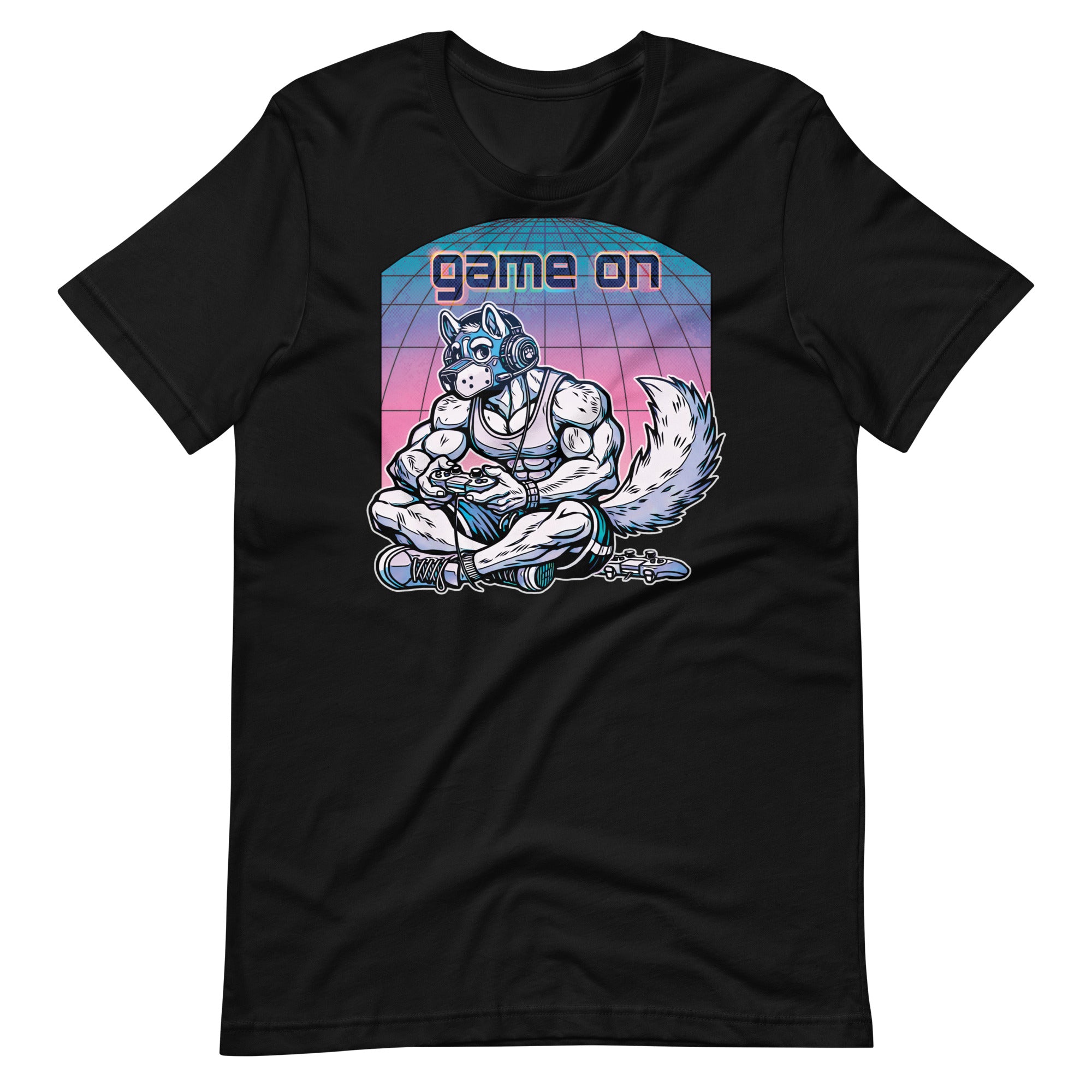 Black t-shirt with a "Game On Pup" graphic design – Gamer Gay Pup Play T-Shirt – LGBTQ+ pride t-shirts US UK – Gay pride shirts collection – Made-to-order gay apparel