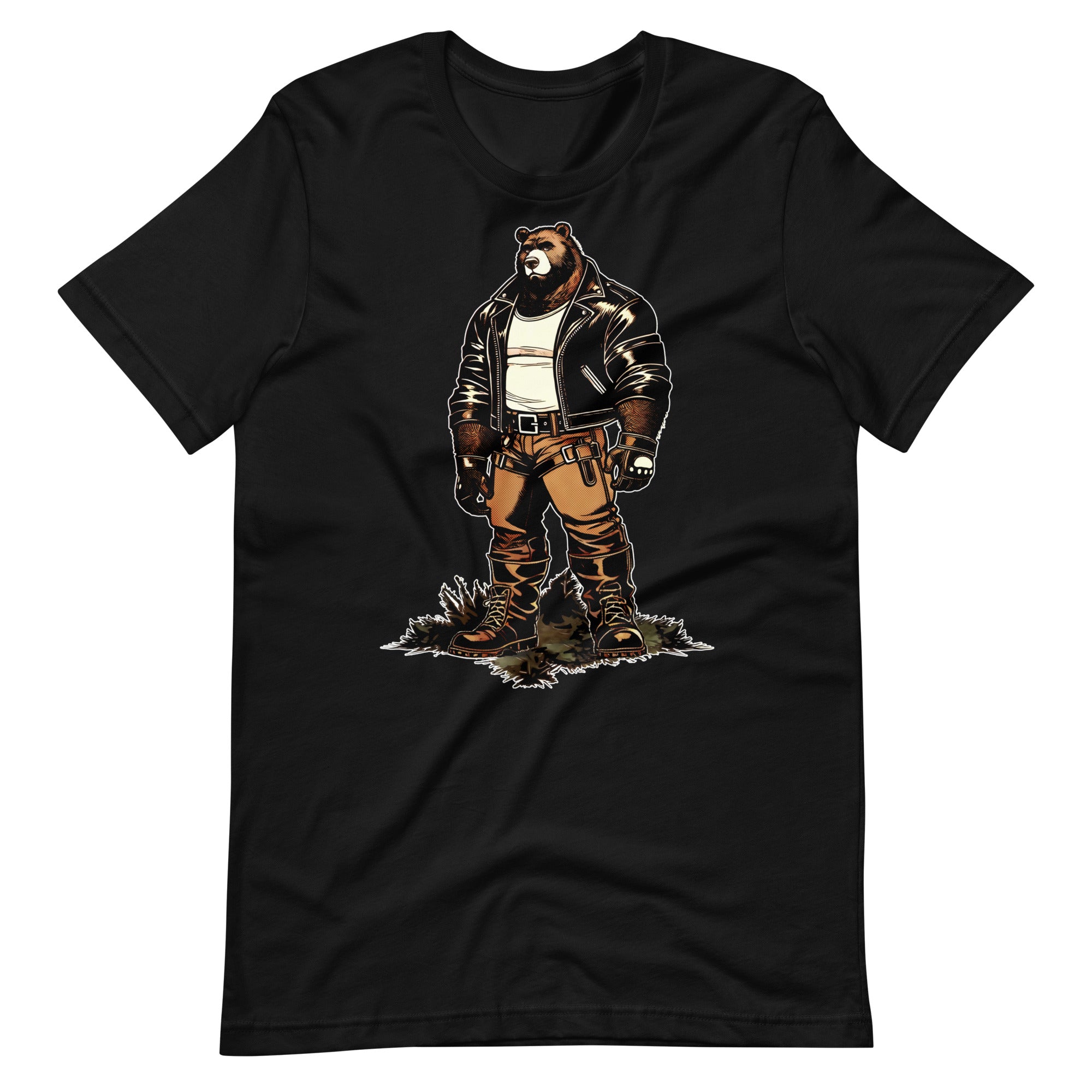 Black t-shirt with a graphic of a buff cartoon bear wearing a leather jacket - Leather Daddy Bear T-Shirt – Gay Bear Pride Community Tee – LGBTQ+ pride t-shirts US UK – Gay pride shirts collection – Made-to-order gay apparel