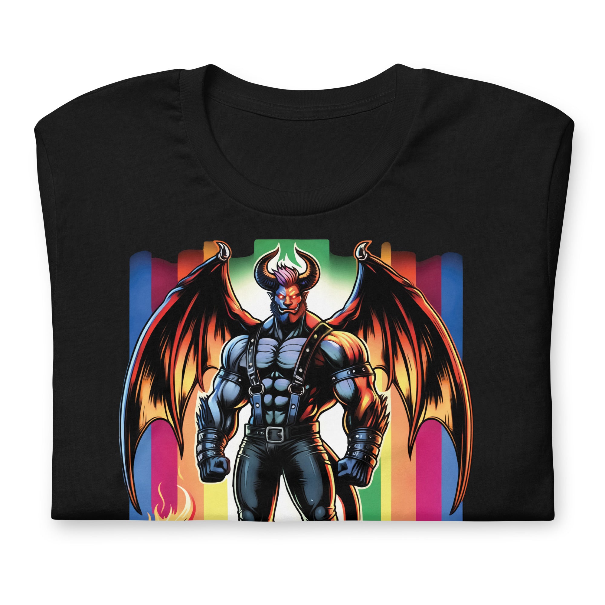 Folded black t-shirt with a colorful Demon Pride Month graphic design and text on a beige background - Pride Month DEMON T-Shirt Bold LGBTQ+ Pride Apparel – Gay pride shirts collection – LGBTQ+ pride t-shirts US UK – Made-to-order gay apparel