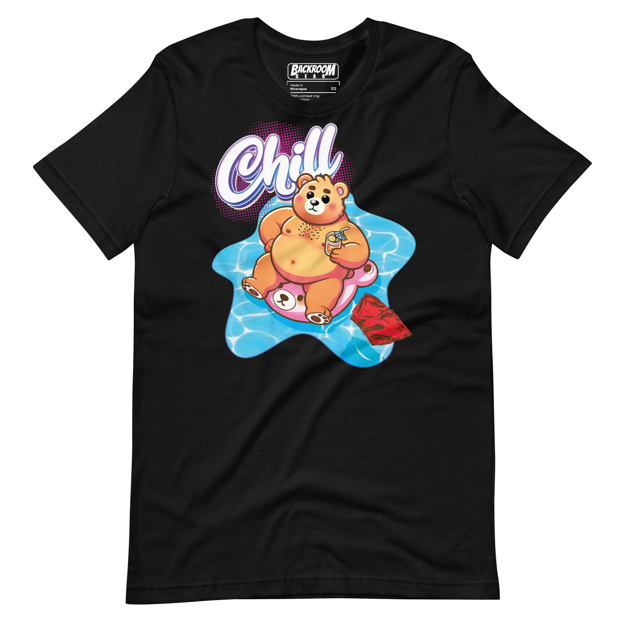 Black t-shirt with a pool bear graphic and 'Chill' text on a yellow background - Bear Pool Pride T-Shirt | Chubby Bear Graphic Tee – Gay pride shirts collection – LGBTQ+ pride t-shirts US UK – Made-to-order gay apparel