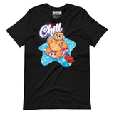 Black t-shirt with a pool bear graphic and 'Chill' text on a yellow background - Bear Pool Pride T-Shirt | Chubby Bear Graphic Tee – Gay pride shirts collection – LGBTQ+ pride t-shirts US UK – Made-to-order gay apparel