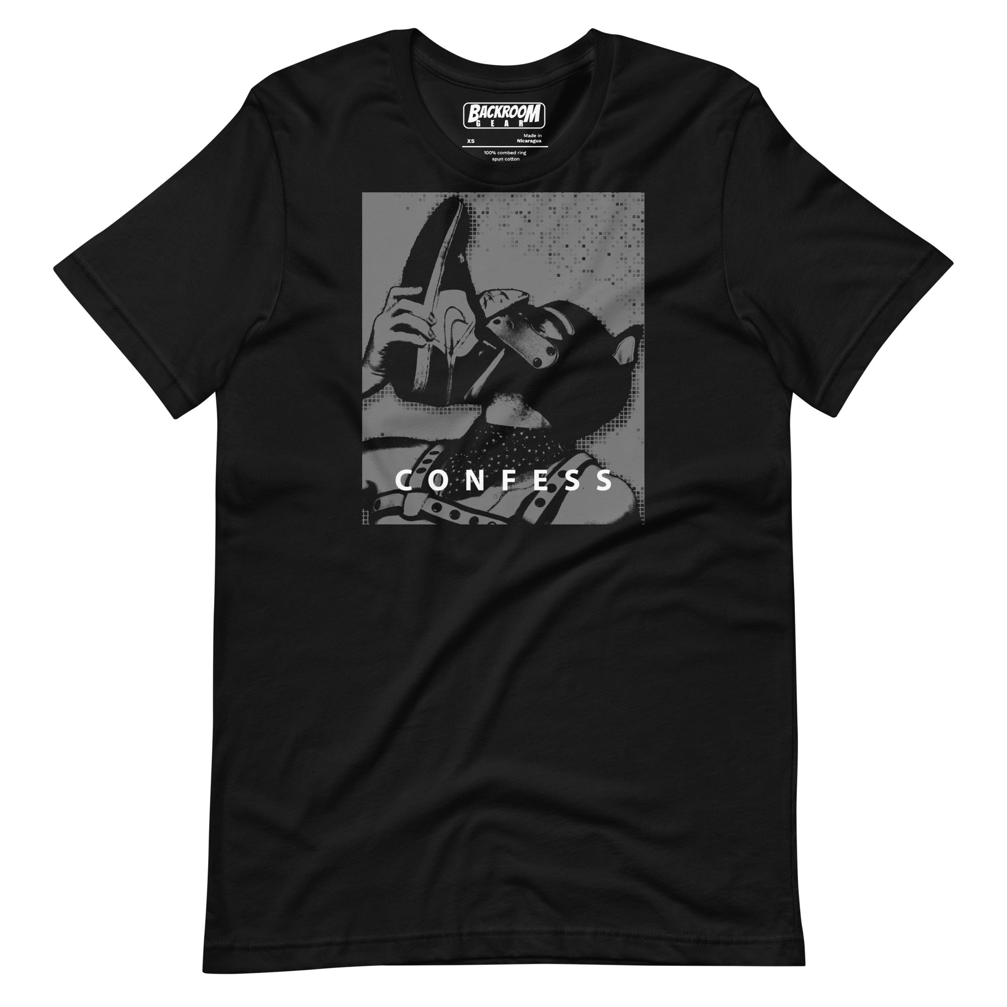 Black t-shirt with a Sneaker Pup graphic design and 'CONFESS' text on a white background