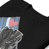 Love Boots Black folded T-Shirt t-shirt with a graphic of leather boots and the word 'BOOTS' on it - Love Boots Leather Lover T-Shirt – Gay Leather Pride Tee – LGBTQ+ pride t-shirts US UK – Gay pride shirts collection – Made-to-order gay apparel