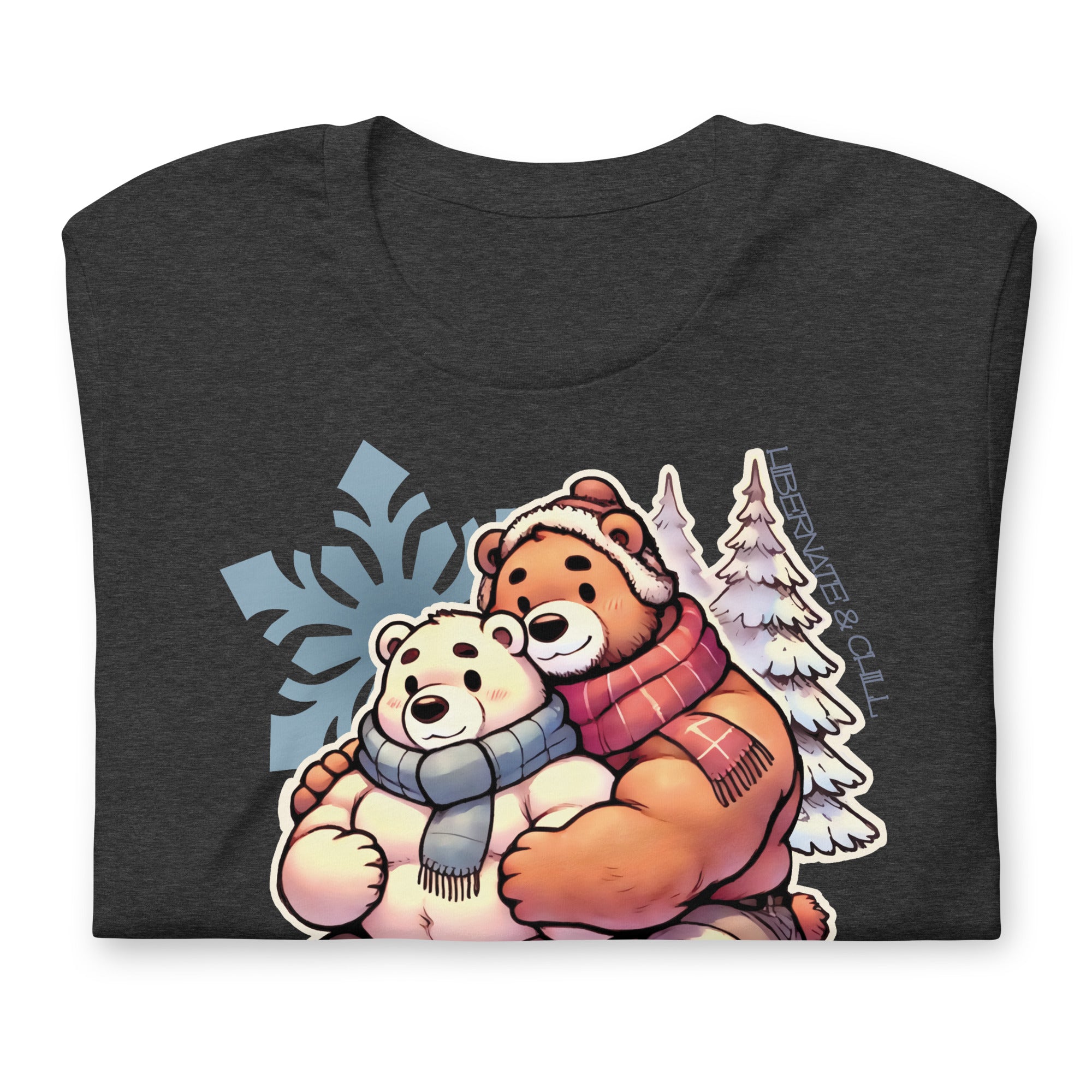 Gay bear shirt in dark grey heather with hibernating bear couple folded - Cuddly Bear Winter T-Shirt – Cozy Gay Bear Pride Snuggles – LGBTQ+ pride t-shirts US UK – Gay pride shirts collection – Made-to-order gay apparel