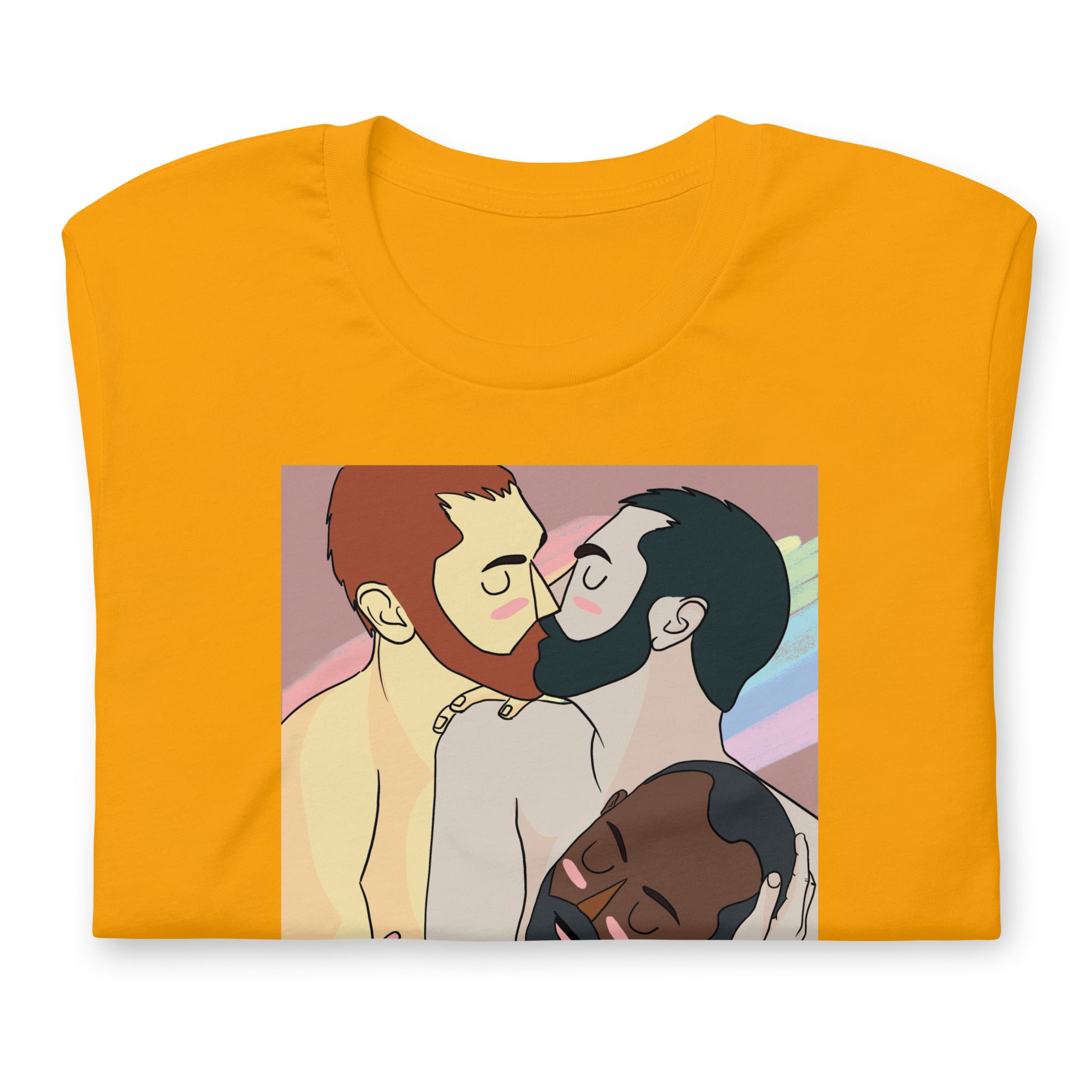Folded yellow Gold Throuple Pride t-shirt - bold LGBTQ+ polyamory statement tee by BackRoom Gear - LGBTQ+ pride t-shirts US UK – Made-to-order LGBTQ clothing