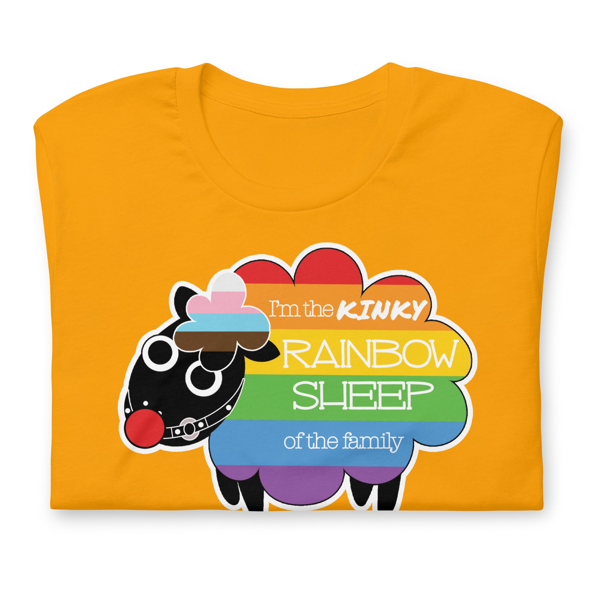 Yellow gold Kinky Rainbow Sheep T-Shirt – LGBTQ+ Kink Pride Tee – Gay pride shirts collection – LGBTQ+ pride t-shirts US UK – Made-to-order gay apparel