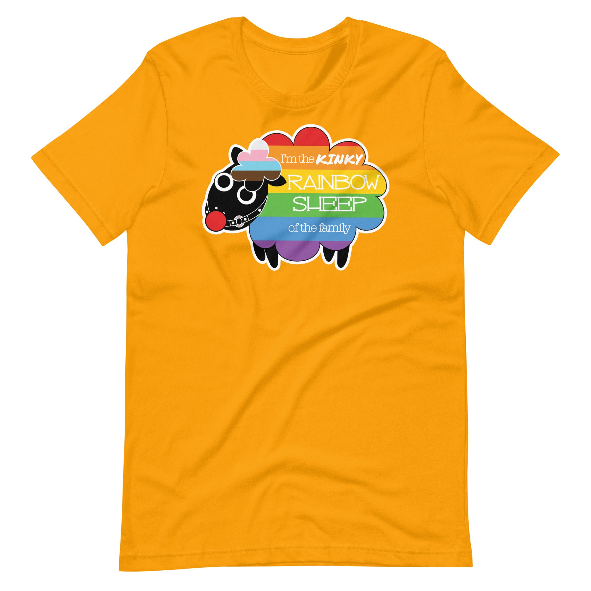 Yellow gold Kinky Rainbow Sheep T-Shirt – LGBTQ+ Kink Pride Tee – Gay pride shirts collection – LGBTQ+ pride t-shirts US UK – Made-to-order gay apparel