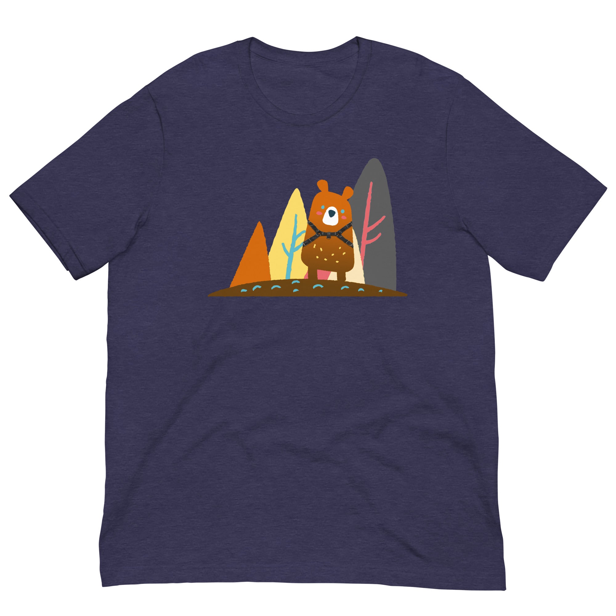 Bear-in-the-woods-heather-midnight-navy-T-Shirt-Flat Backroom-Gear - Wild Leather Bear Pride T-Shirt – Gay Bear Flag Tee – LGBTQ+ pride t-shirts US UK – Gay pride shirts collection – Made-to-order gay apparel