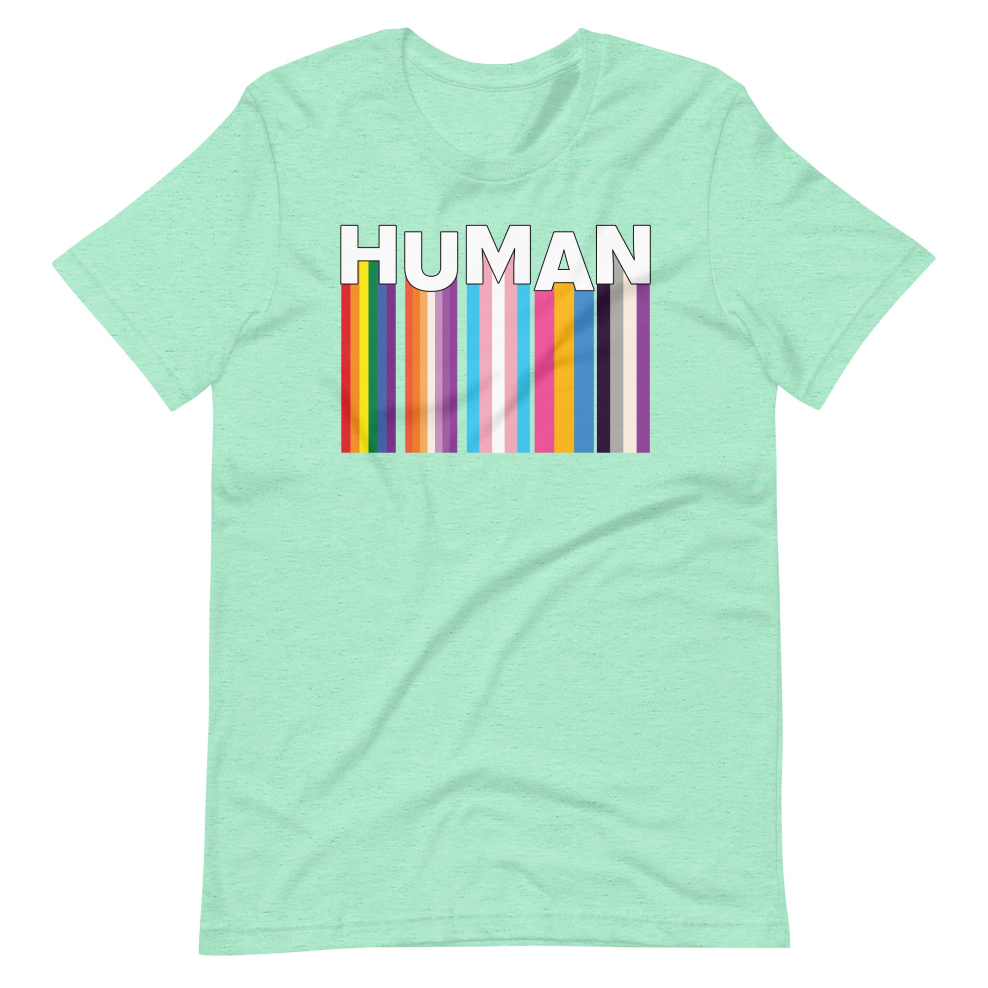 We Are Human Heather Mint green T-Shirt Flat - BackRoom Gear - Human Rainbow Heart Pride T-Shirt – LGBTQ+ Love Unity Tee – Inclusive rainbow pride shirt – LGBTQ+ pride t-shirts US UK – Made-to-order LGBTQ clothing