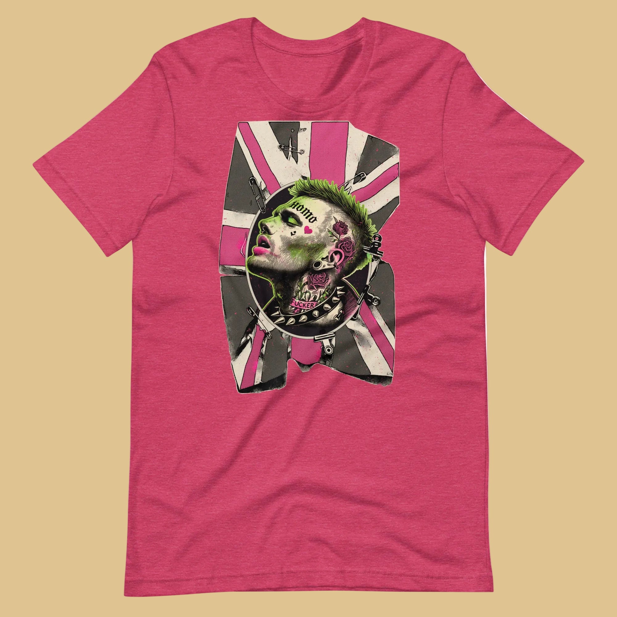 Berry pink t-shirt with a homosexual punk pink and green graphic design on a beige background - Heather raspberry Queer Punk Anthem t-shirt - gay rebel graphic tee by BackRoomGear