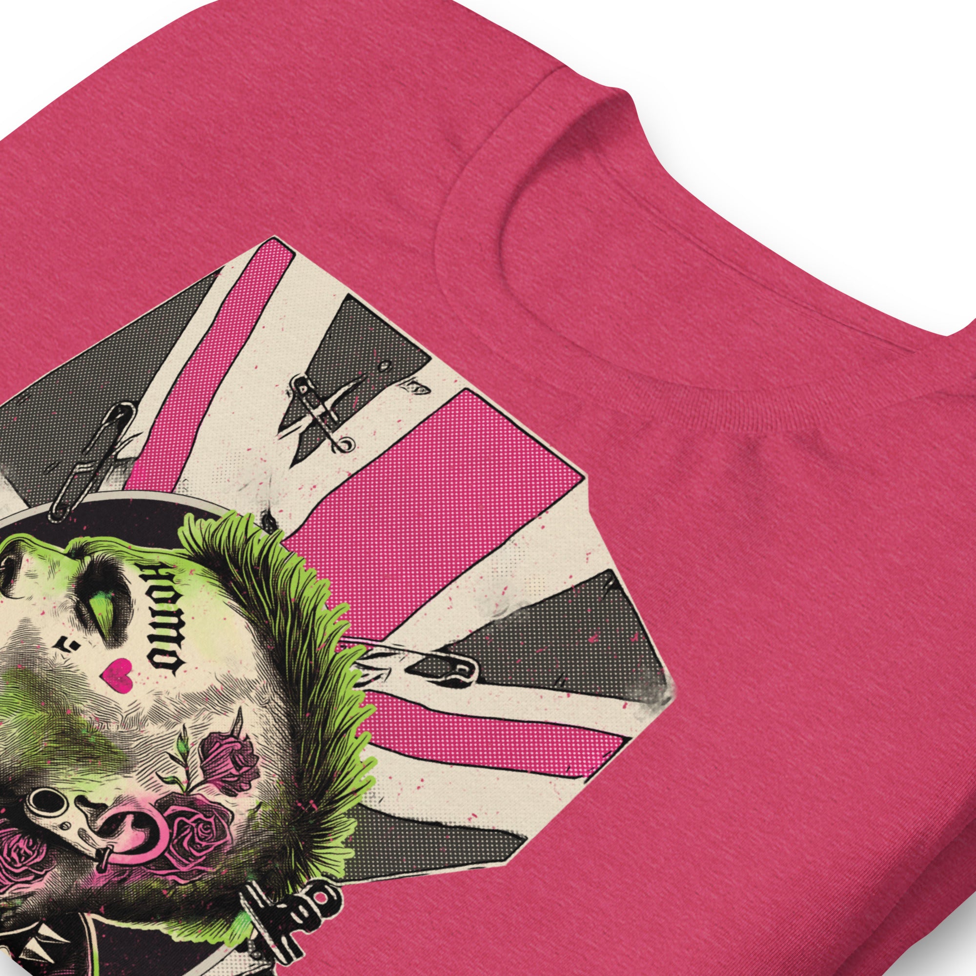 Folded Heather raspberry t-shirt with a homosexual punk pink and green graphic design - Queer Punk Anthem t-shirt - gay rebel graphic tee by BackRoomGear