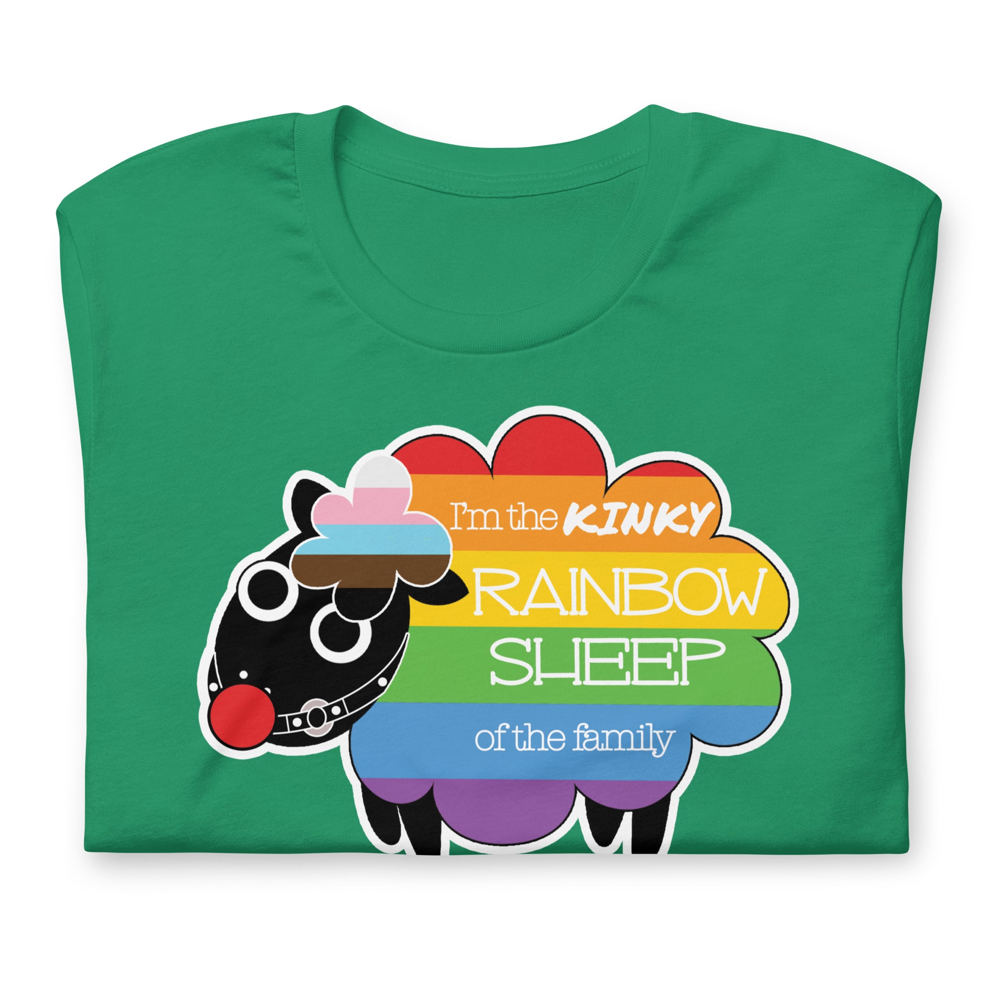 Kelly green Kinky Rainbow Sheep T-Shirt – LGBTQ+ Kink Pride Tee – Gay pride shirts collection – LGBTQ+ pride t-shirts US UK – Made-to-order gay apparel