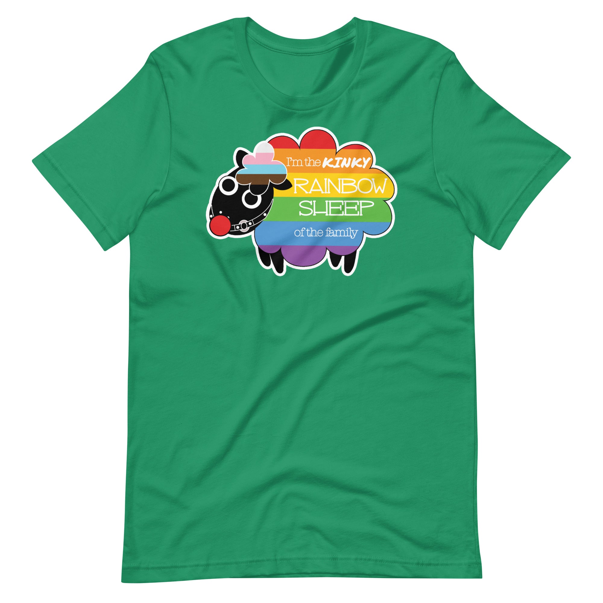 Kelly green Kinky Rainbow Sheep T-Shirt – LGBTQ+ Kink Pride Tee – Gay pride shirts collection – LGBTQ+ pride t-shirts US UK – Made-to-order gay apparel