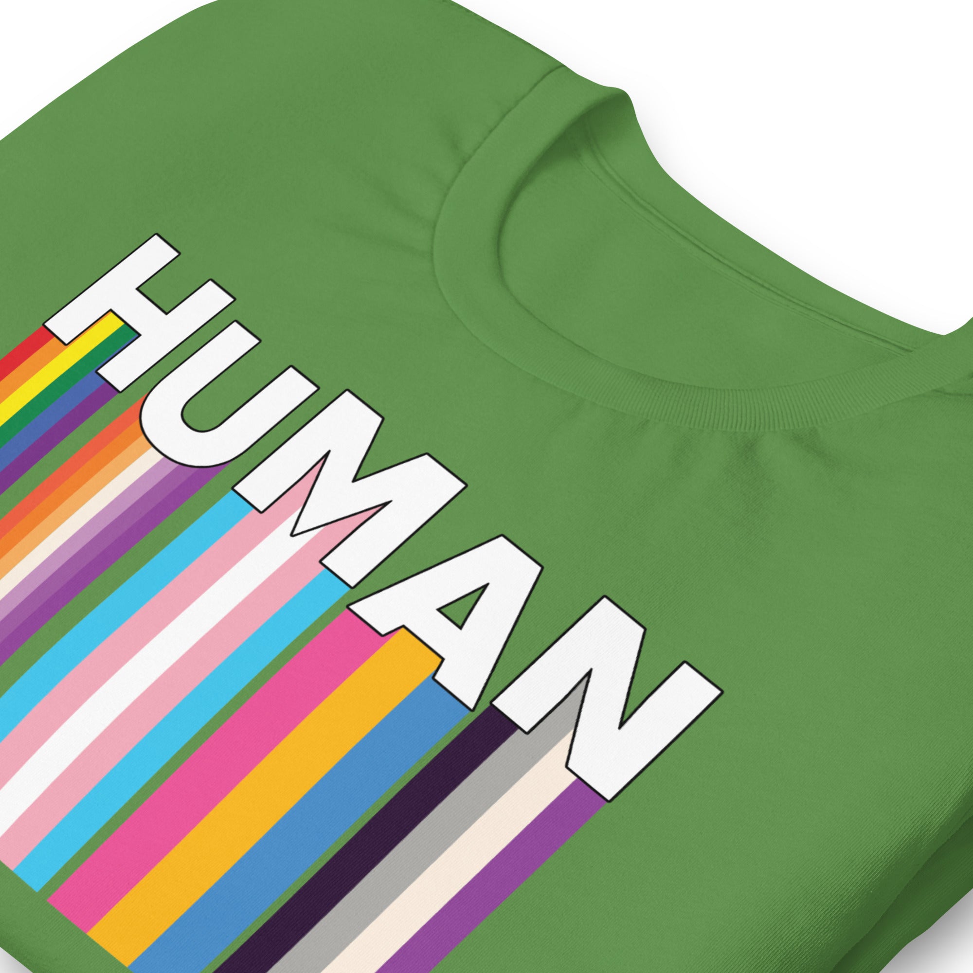 We Are Human Leaf T-Shirt Zoomed - BackRoom Gear - Human Rainbow Heart Pride T-Shirt – LGBTQ+ Love Unity Tee – Inclusive rainbow pride shirt – LGBTQ+ pride t-shirts US UK – Made-to-order LGBTQ clothing