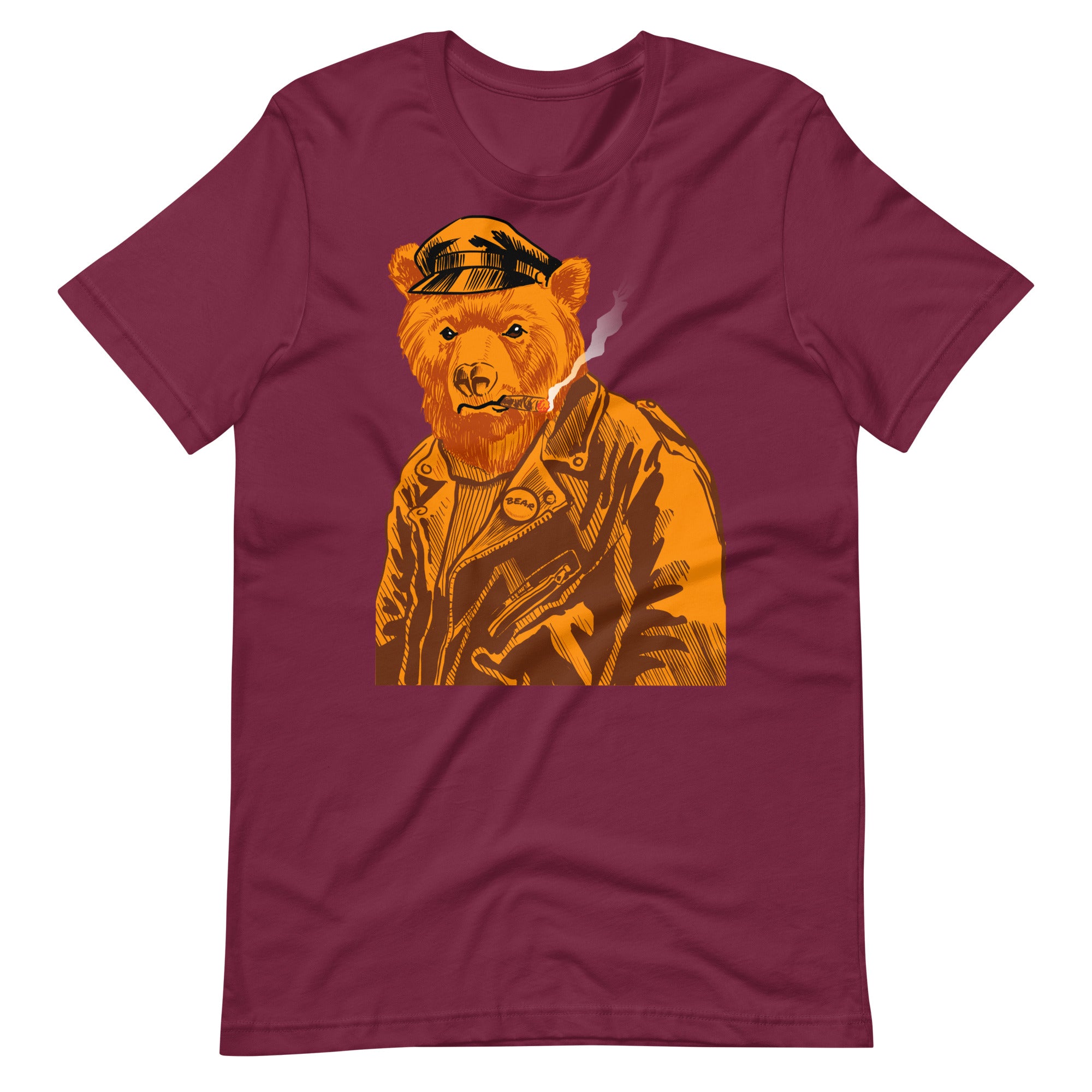 Maroon T-shirt with a vintage-style graphic of a leather-clad bear - Vintage Leather Bear Pride T-Shirt – Retro Gay Bear Flag Tee – LGBTQ+ pride t-shirts US UK – Gay pride shirts collection – Made-to-order gay apparel