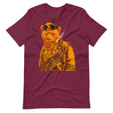 Maroon T-shirt with a vintage-style graphic of a leather-clad bear - Vintage Leather Bear Pride T-Shirt – Retro Gay Bear Flag Tee – LGBTQ+ pride t-shirts US UK – Gay pride shirts collection – Made-to-order gay apparel