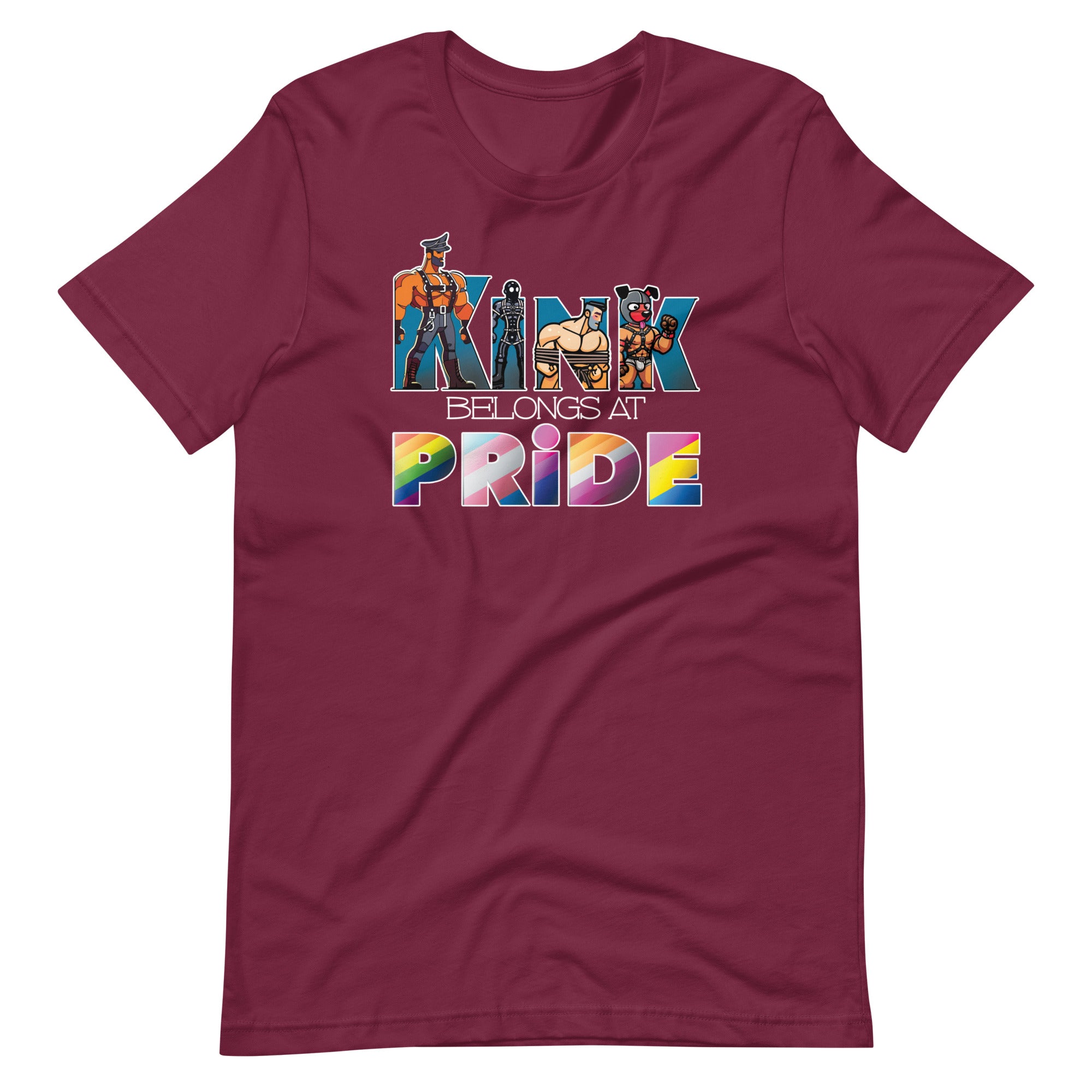 Kink-Pride-Maroon Flat Shirt - backroom gear - Kink Belongs at Pride T-Shirt – Bold LGBTQ+ Kink Pride Tee – Gay pride shirts collection – LGBTQ+ pride t-shirts US UK – Made-to-order gay apparel