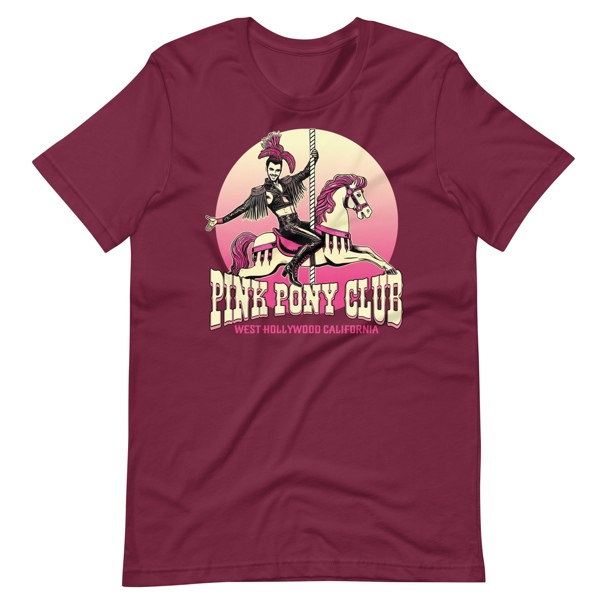 Maroon t-shirt with a graphic design of a leather-clad rider on a carousel pony, with the text 'PINK PONY CLUB' above the graphic - Pink Pony Club T-Shirt – LGBTQ+ Leather Pride Gay Tee – Gay pride shirts collection – LGBTQ+ pride t-shirts US UK – Made-to-order gay apparel