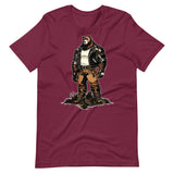 Maroon t-shirt with a graphic of a buff cartoon bear wearing a leather jacket - Leather Daddy Bear T-Shirt – Gay Bear Pride Community Tee – LGBTQ+ pride t-shirts US UK – Gay pride shirts collection – Made-to-order gay apparel