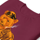 Folded Maroon T-shirt with a vintage-style graphic of a leather-clad bear - Vintage Leather Bear Pride T-Shirt – Retro Gay Bear Flag Tee – LGBTQ+ pride t-shirts US UK – Gay pride shirts collection – Made-to-order gay apparel