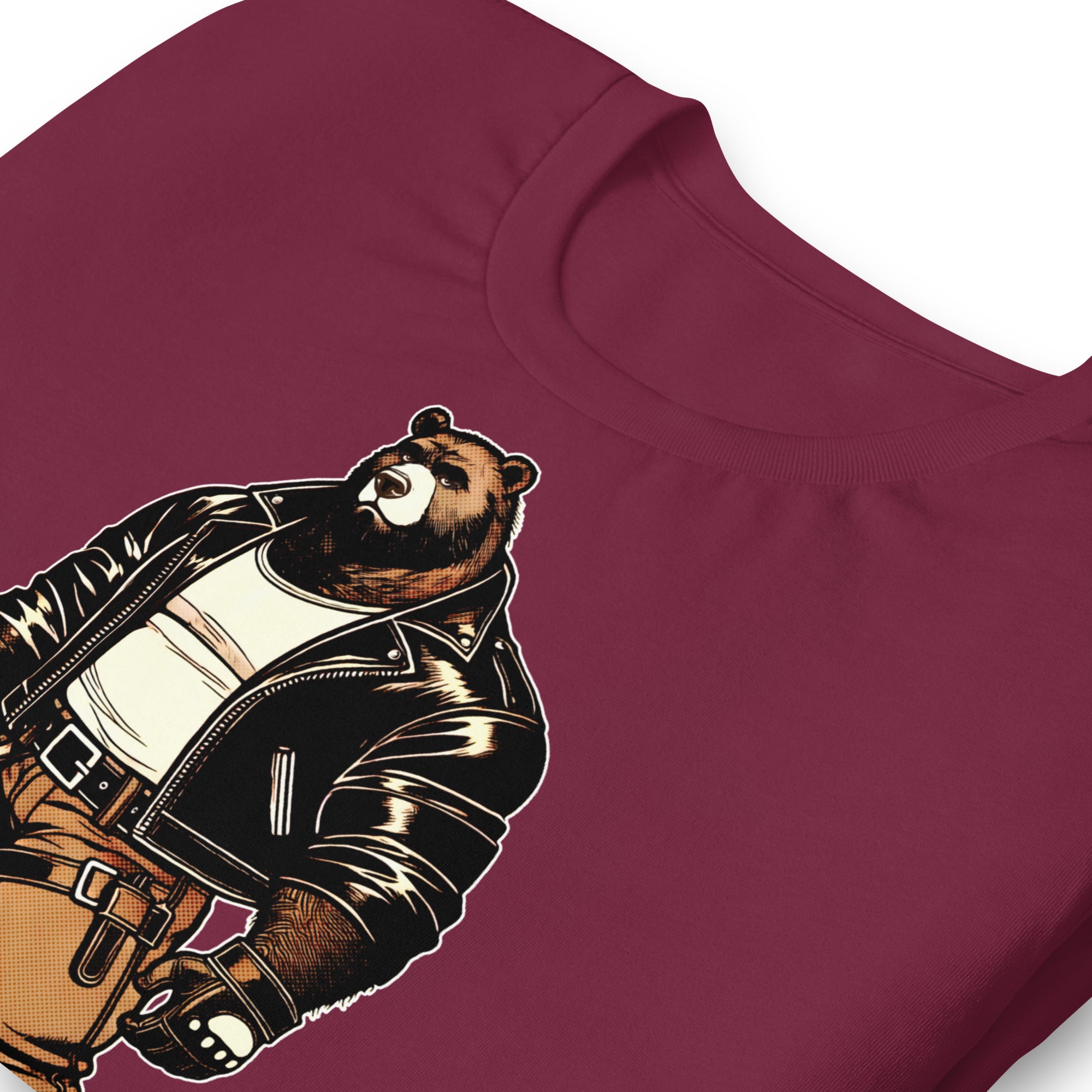 Maroon folded Leather Daddy Bear T-Shirt – Gay Bear Pride Community Tee – LGBTQ+ pride t-shirts US UK – Gay pride shirts collection – Made-to-order gay apparel