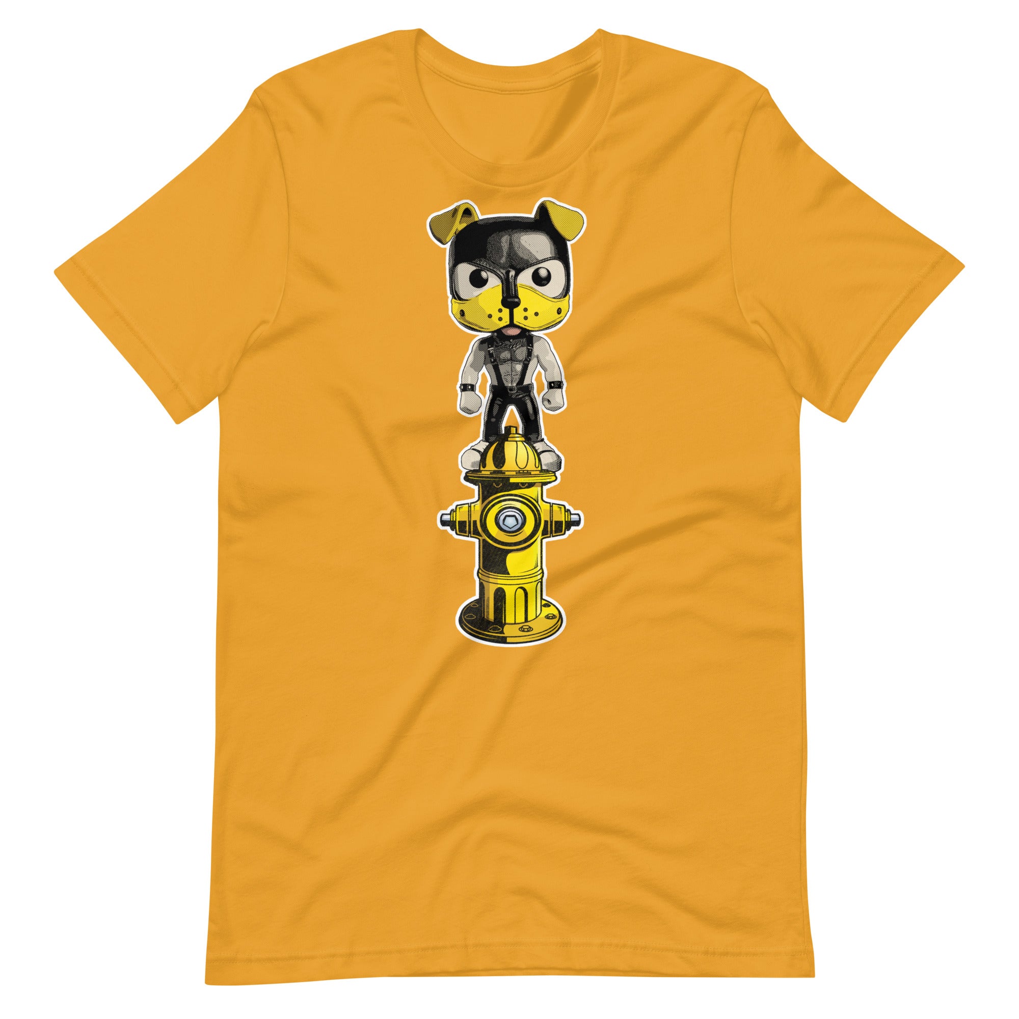 Mustard yellow shirt featuring a pop vinyl puppy with a yellow and black hood on top of a yellow fire hydrant - Watersports Puppy Pride t-shirt - gay pup play kink tee by BackRoom Gear - flagging yellow