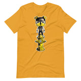 Mustard yellow shirt featuring a pop vinyl puppy with a yellow and black hood on top of a yellow fire hydrant - Watersports Puppy Pride t-shirt - gay pup play kink tee by BackRoom Gear - flagging yellow