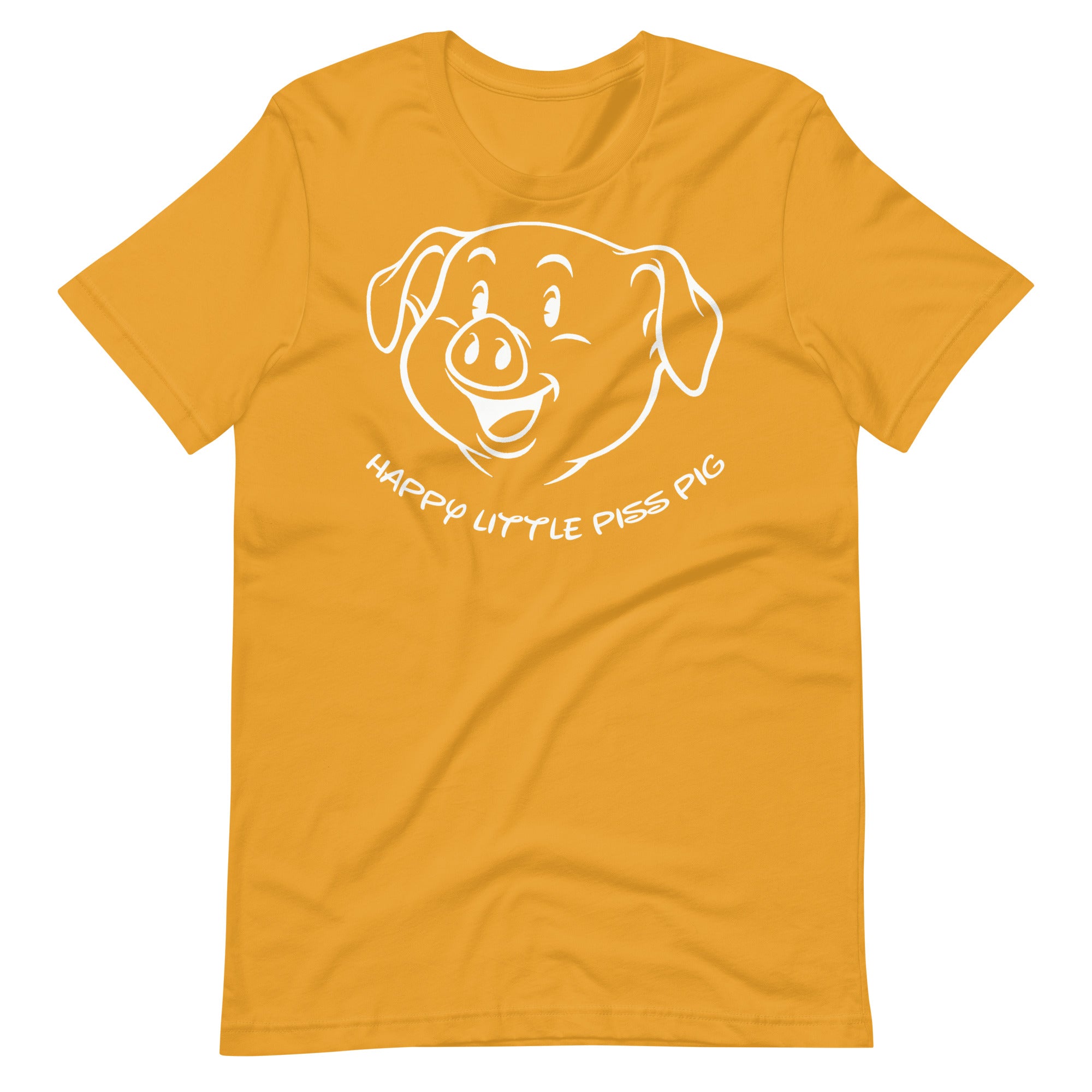Mustard yellow Happy Little Piss Pig t-shirt - watersports kink pride LGBTQ+ tee by BackRoom Gear