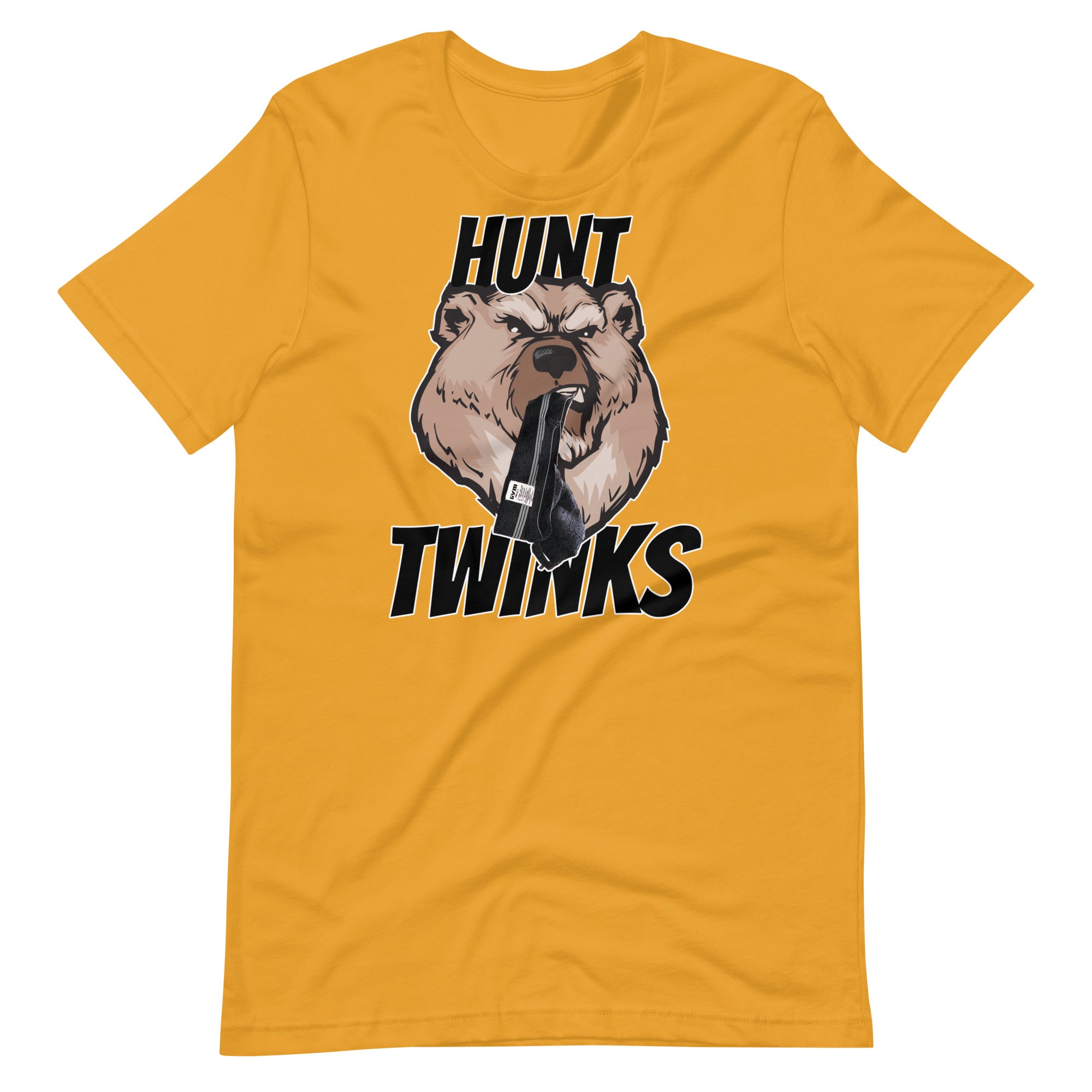 Gay bear t-shirt Hunt Twinks grizzly graphic in mustard yellow