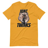 Gay bear t-shirt Hunt Twinks grizzly graphic in mustard yellow