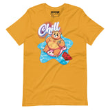 Mustard yellow t-shirt with a pool bear graphic and 'Chill' text on a yellow background - Bear Pool Pride T-Shirt | Chubby Bear Graphic Tee – Gay pride shirts collection – LGBTQ+ pride t-shirts US UK – Made-to-order gay apparel