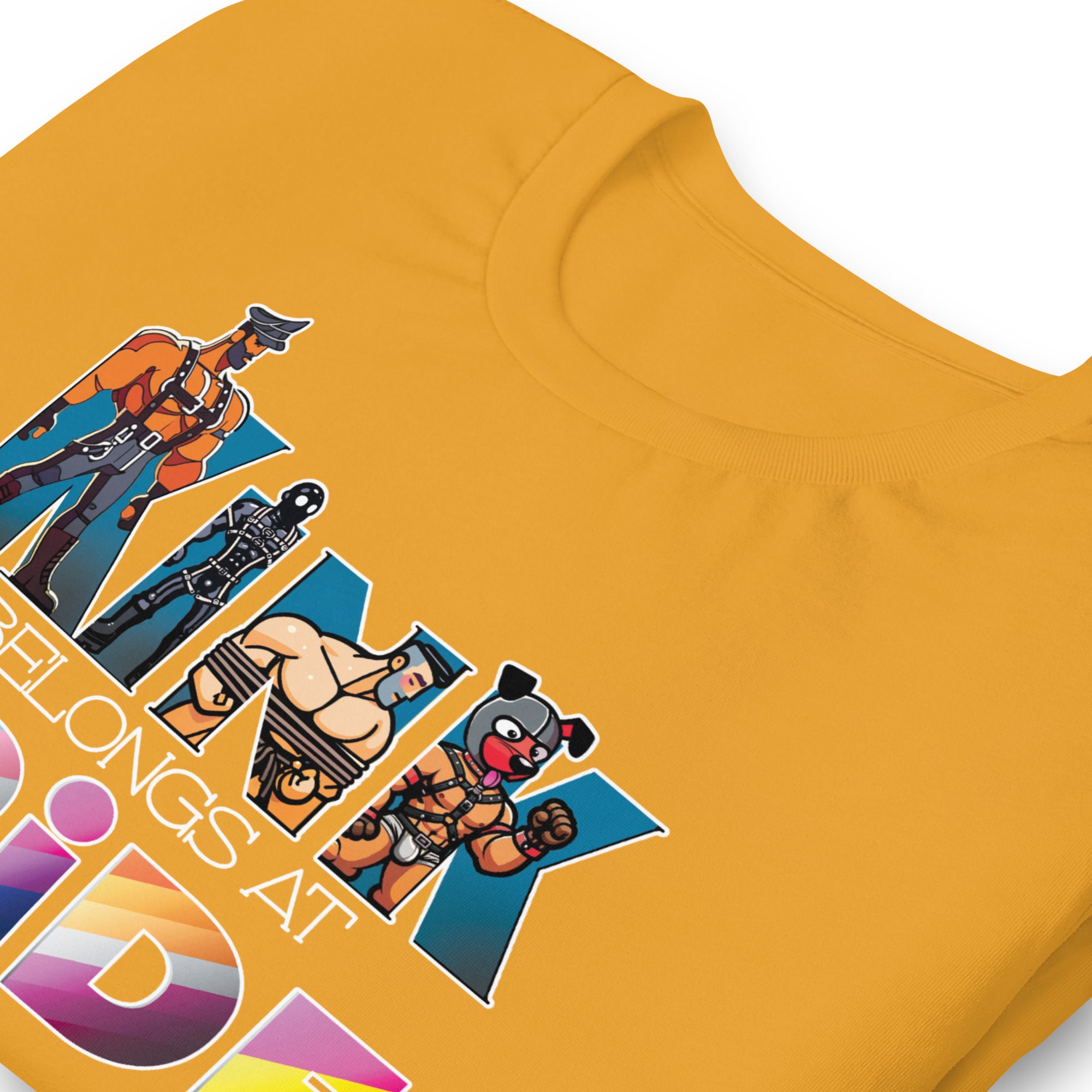 Kink-Pride-Mustard Zoomed Shirt - backroom gear - Kink Belongs at Pride T-Shirt – Bold LGBTQ+ Kink Pride Tee – Gay pride shirts collection – LGBTQ+ pride t-shirts US UK – Made-to-order gay apparel