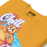 Folded mustard yellow t-shirt with a pool bear graphic and 'Chill' text on a yellow background - Bear Pool Pride T-Shirt | Chubby Bear Graphic Tee – Gay pride shirts collection – LGBTQ+ pride t-shirts US UK – Made-to-order gay apparel