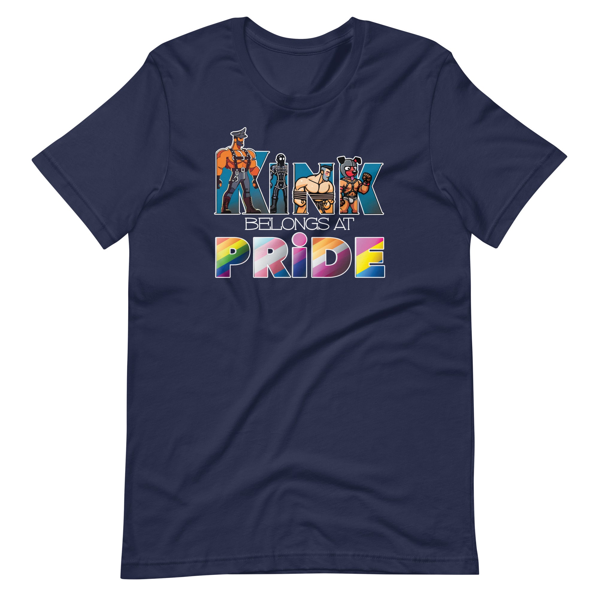 Kink-Pride-Navy Flat Shirt - backroom gear - Kink Belongs at Pride T-Shirt – Bold LGBTQ+ Kink Pride Tee – Gay pride shirts collection – LGBTQ+ pride t-shirts US UK – Made-to-order gay apparel