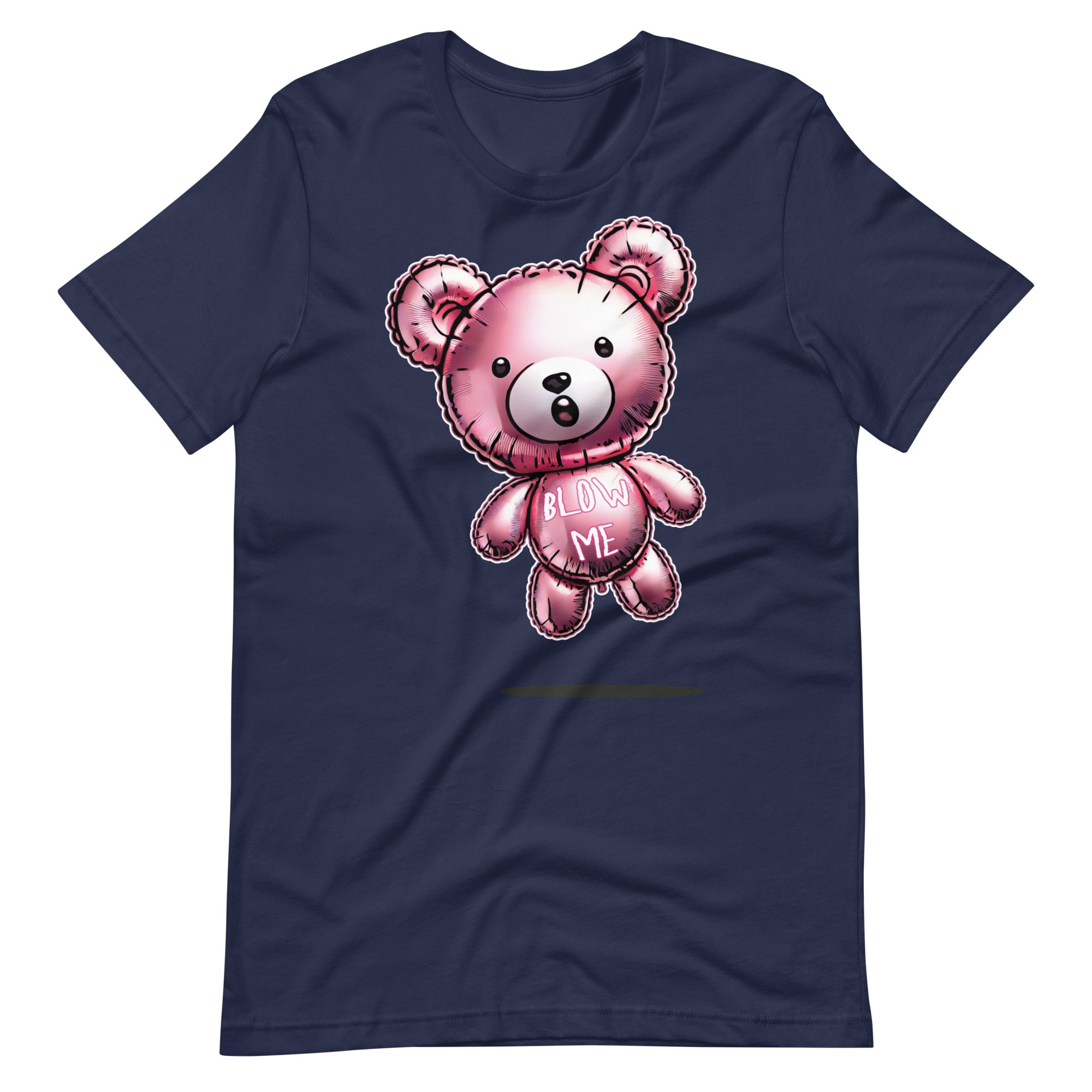 Navy Blue t-shirt with a bear balloon design with the words "BLOW ME" on a beige background - Berry pink Blow Me Bear t-shirt - funny gay pride balloon tee by BackRoom Gear