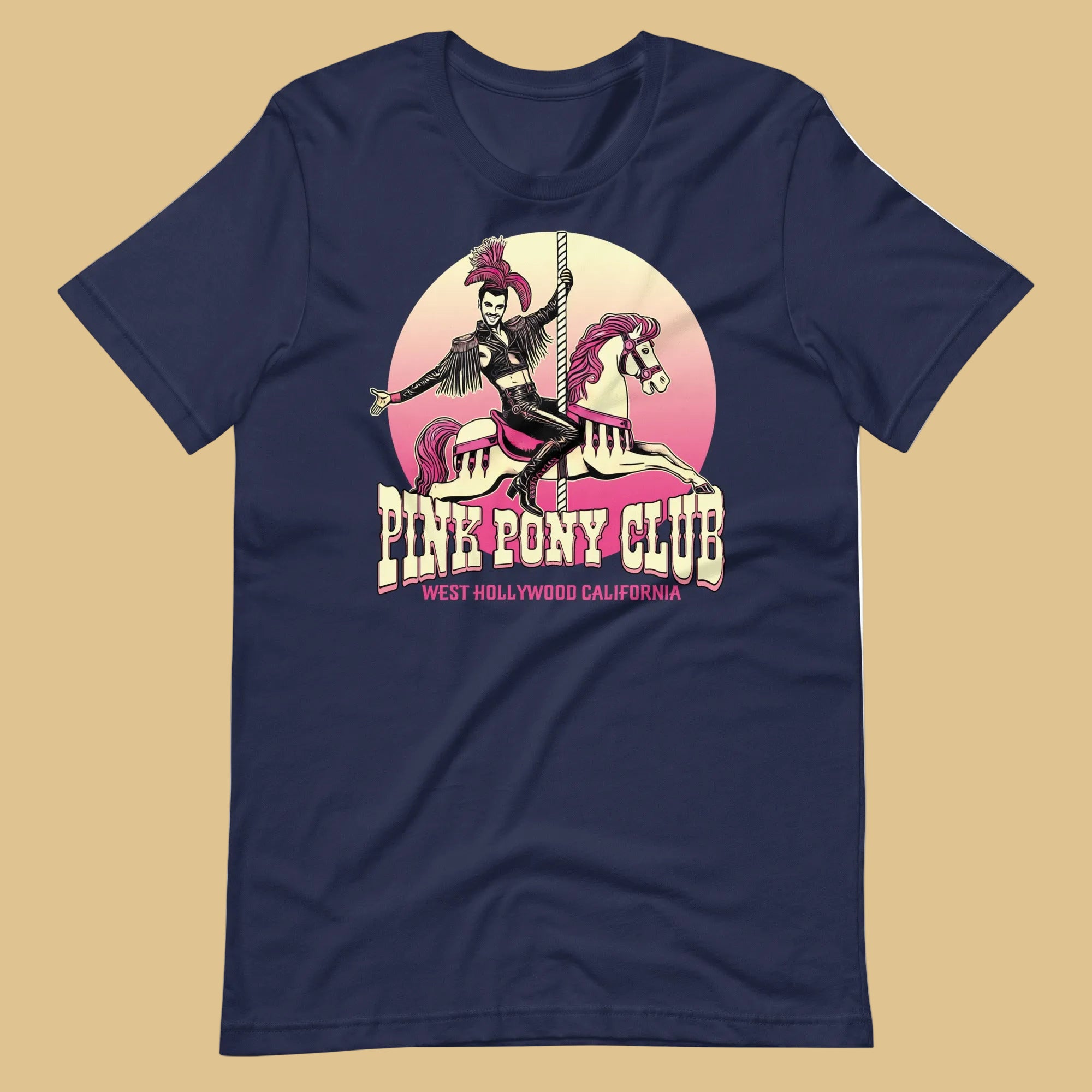 Navy t-shirt with a graphic design of a leather-clad rider on a carousel pony, with the text 'PINK PONY CLUB' above the graphic - Pink Pony Club T-Shirt – LGBTQ+ Leather Pride Gay Tee – Gay pride shirts collection – LGBTQ+ pride t-shirts US UK – Made-to-order gay apparel