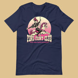 Navy t-shirt with a graphic design of a leather-clad rider on a carousel pony, with the text 'PINK PONY CLUB' above the graphic - Pink Pony Club T-Shirt – LGBTQ+ Leather Pride Gay Tee – Gay pride shirts collection – LGBTQ+ pride t-shirts US UK – Made-to-order gay apparel