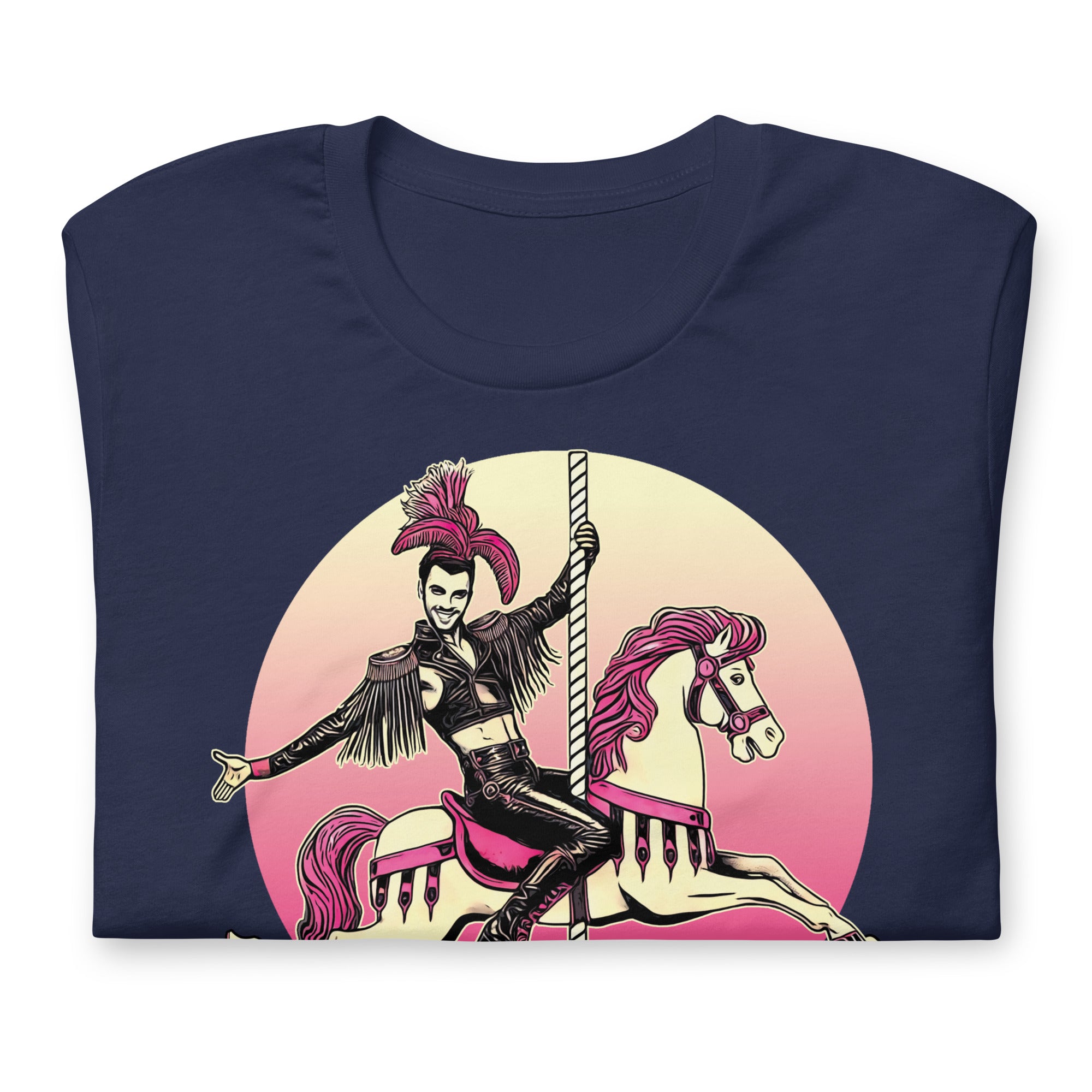 Navy Folded t-shirt with a graphic design of a leather-clad rider on a carousel pony, with the text 'PINK PONY CLUB' above the graphic - Pink Pony Club T-Shirt – LGBTQ+ Leather Pride Gay Tee – Gay pride shirts collection – LGBTQ+ pride t-shirts US UK – Made-to-order gay apparel